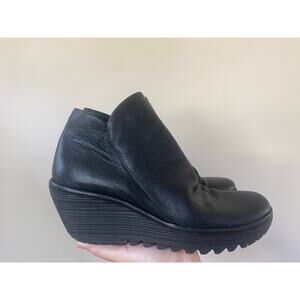 Fly London Yip Black Mousse Leather Slouchy Wedge Platform Ankle Boots Bootie 40